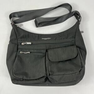 Baggallini Modern Everywhere Bag Gray Nylon Hobo Crossbody Purse Magenta Lining